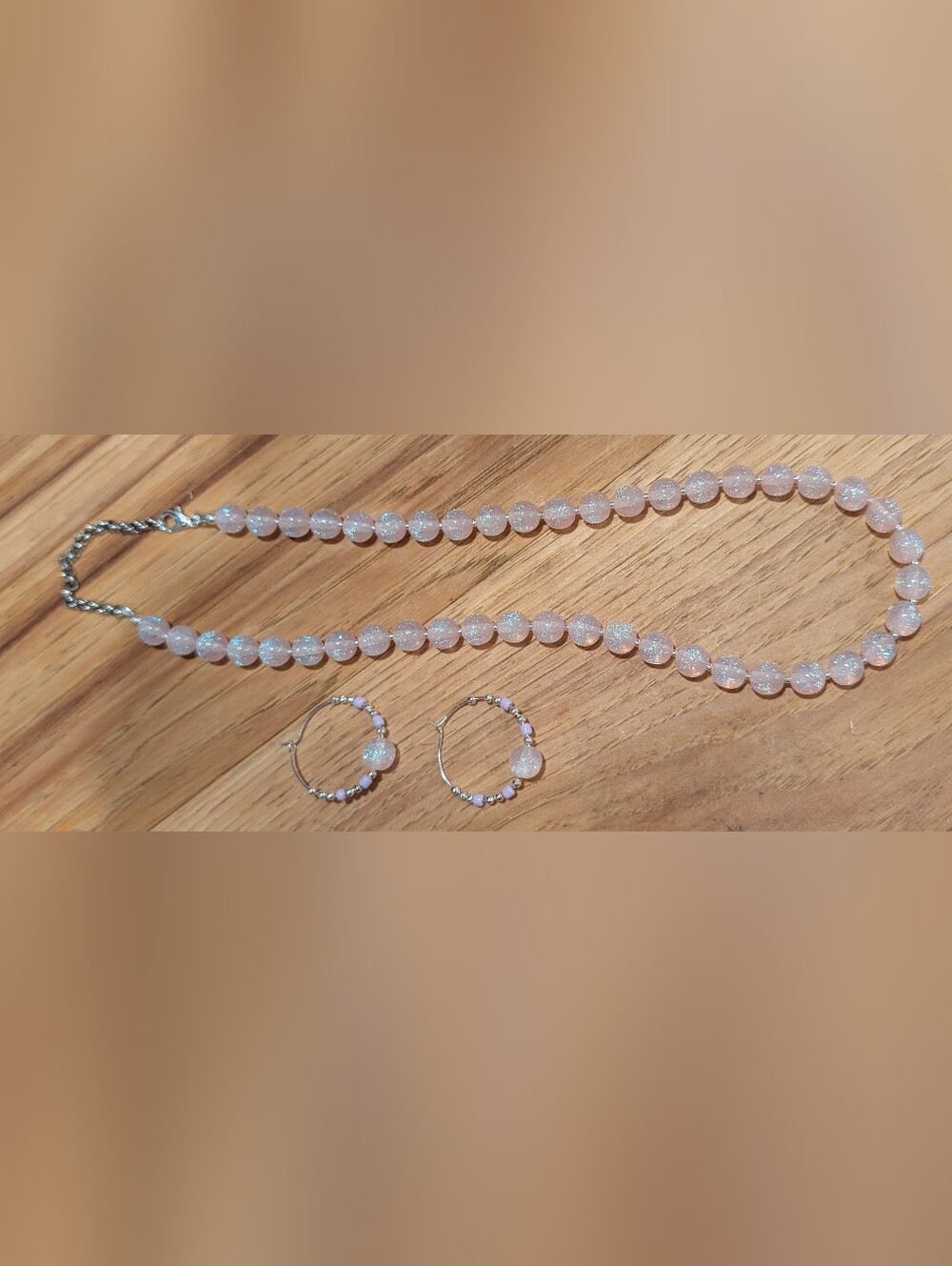 Sparkling Pink Beaded Necklace and Hoop Earrings Set